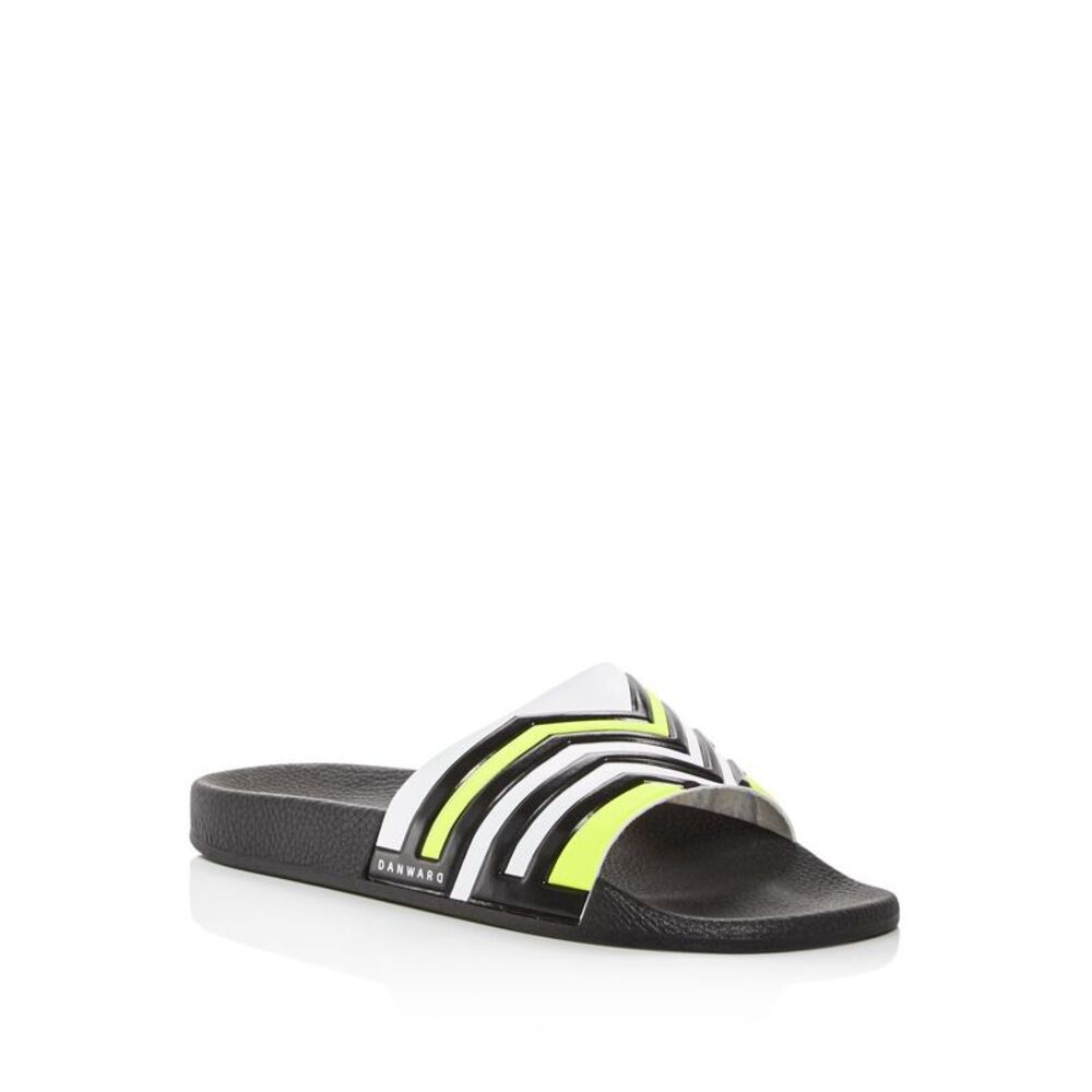 DAN WARD Mens Black Striped Logo Round Toe Platform Slip On Slide Sandals 43